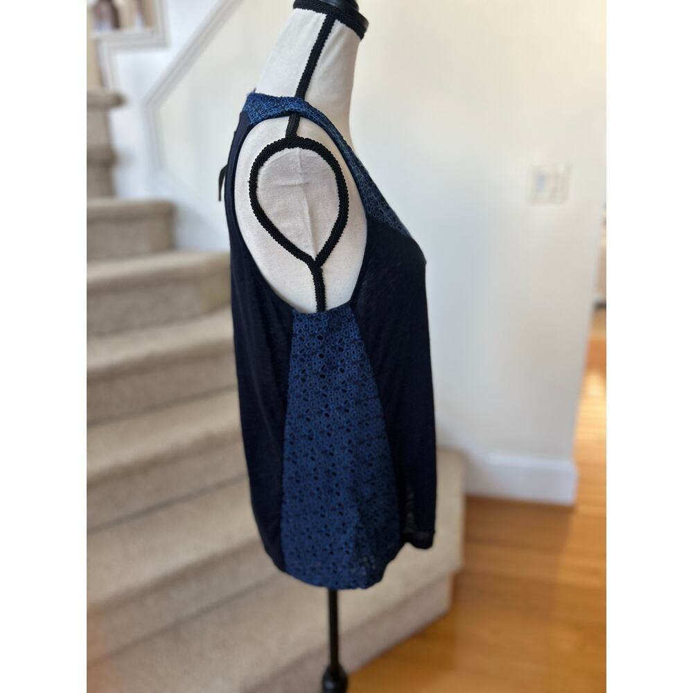 NWT J.Crew Navy Blue Eyelet Broderie Linen Scoop Neck Tank Top - Picture 2 of 6